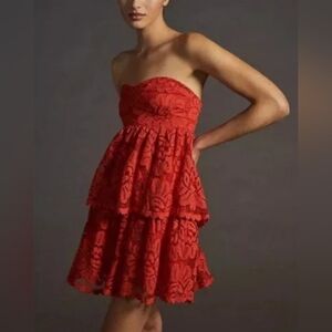 Maeve Antropologie Strapless Lace Tiered Reddish Orange Mini Dress Size S